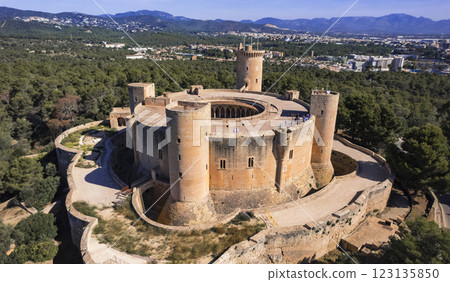 Mallorca (Majorca), Balearic Islands, Spain. high angle drone view of Bellver castle near the city of Palma de Mallorca 123135850