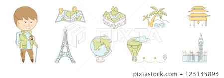 Flat Line Travel Icon and Object Vector Set 123135893