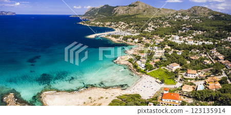 Mallorca (Majorca) Balearic island of Spain. Best scenic beaches - Sant Pere in northern part. Aerial drone panoramic view 123135914
