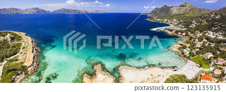 Mallorca (Majorca) Balearic island of Spain. Best scenic beaches - Sant Pere in northern part. Aerial drone panoramic view Mallorca (Majorca) Balearic island of Spain. Best scenic beaches - Sant Pere in northern part. Aerial drone panoramic view 123135915