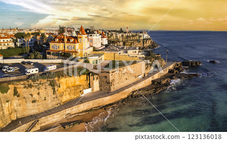 Portugal travel , scenic places. Estoril coastal town over sunset, Aerial drone view . popular tourist destination near Lisbon 123136018