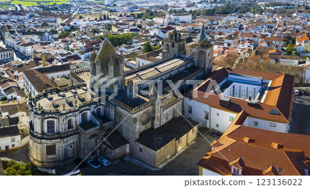 Portugal travel, medieval Evora town Unesco heritage site. Aerial panoramic drone view of down town and cathedral Santa Maria Assunta Portugal travel, medieval Evora town Unesco heritage site. Aerial panoramic drone view of down town and cathedral Santa Maria Assunta 123136022