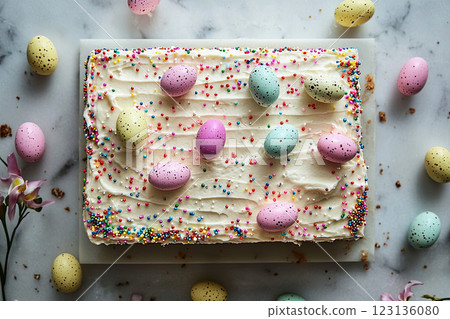 Vanilla sheet cake decorated with buttercream frosting and candy easter eggs 123136080