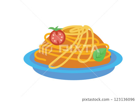 Pasta with tomato and basil on plate. Food and traditional cuisine, Italy. Symbols and isolated vector illustration on white background.  123136096
