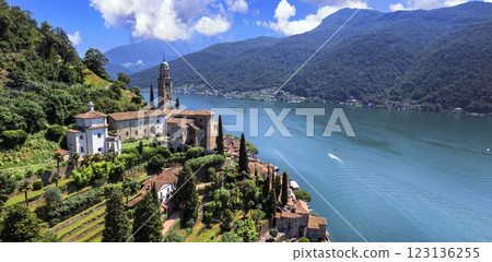 Morcote - one of the most beautiful villages in Switzerland, picturesque lake Lugano view with Church of S. Maria del Sasso, Ticino canton Morcote - one of the most beautiful villages in Switzerland, picturesque lake Lugano view with Church of S. Maria del Sasso, Ticino canton 123136255