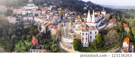 Portugal travel and landmarks. National Palace of Sintra town, unesco heritage site. Aerial drone  high angle panoramic view 123136263