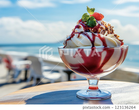 Beautiful tropical beach and ice cream AI image 123136264