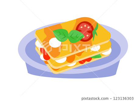 Lasagna with tomatoes and basil on a plate. Food and traditional cuisine, Italy. Symbols and isolated vector illustration on white background. Lasagna with tomatoes and basil on a plate. Food and traditional cuisine, Italy. Symbols and isolated vector illustration on white background. 123136303