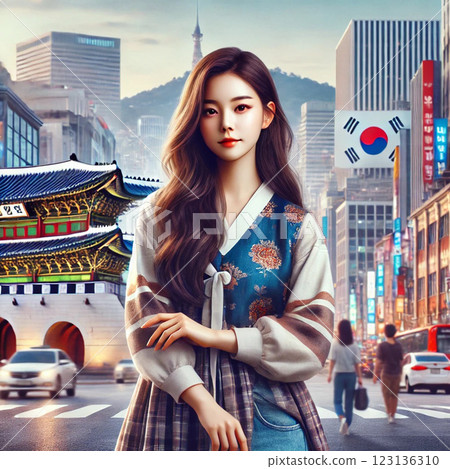 身穿現代韓國休閒時尚或傳統韓服的美麗韓國女性 123136310