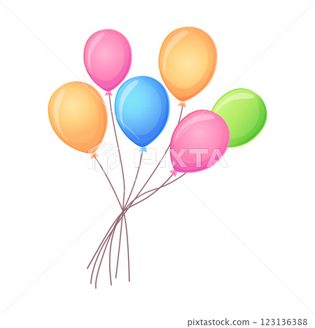 A small bundle of colorful helium balloons tied together with strings, creating a light and festive look. Isolated on a white background. 123136388
