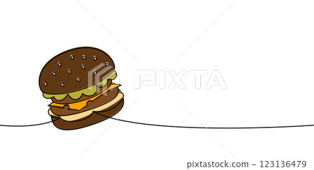 Bun burger one line colored continuous drawing. Traditional American fast food. 123136479