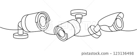CCTV cameras one line continuous drawing. Outdoor security system. Vector illustration. CCTV cameras one line continuous drawing. Outdoor security system. Vector illustration. 123136498