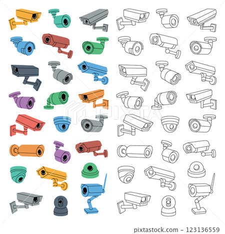 Security cameras in vertical banner. CCTV video cameras. Safety home protection system. Vector illustration. 123136559