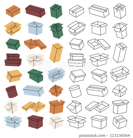 Delivery boxes in vertical banner. Package cardboard boxes. Present gift boxes. Vector illustration. 123136564