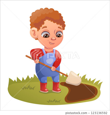 Illustration of a child doing gardening and animal husbandry 123136592
