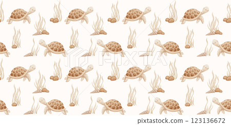 Seamless pattern with baby turtle, sea animals, watercolor hand drawn isolated repeating design on beige for kids Seamless pattern with baby turtle, sea animals, watercolor hand drawn isolated repeating design on beige for kids 123136672