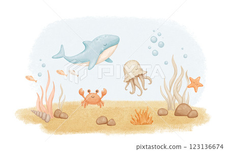 Underwater world scene, ocean floor marine life. Watercolor illustration 123136674