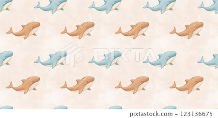Seamless pattern with cute baby whale, watercolor hand drawn isolated repeating design on white for kids 123136675