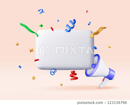 3D Megaphone with color confetti and blank sheet 3D Megaphone with color confetti and blank sheet 123136766