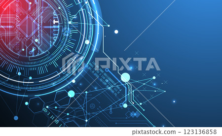 Abstraction on the theme of tech circles. Scientific and technological background. Blue gradient on the background. 123136858