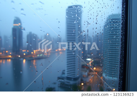 Raindrops on the window, blurred city in the background 123136923