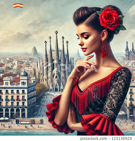 身著傳統佛朗明哥服飾的美麗西班牙女子。她把頭髮盤起來，戴著一朵紅玫瑰。 123136929