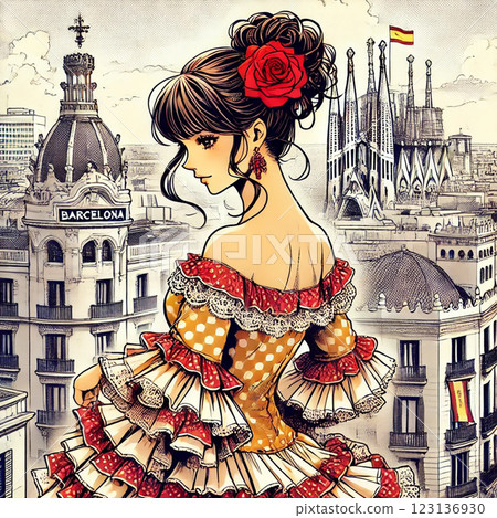 身著傳統佛朗明哥服飾的美麗西班牙女子。她把頭髮盤起來，戴著一朵紅玫瑰。 123136930