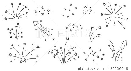 Fireworks, stars, explosion with confetti ink doodle set Fireworks, stars, explosion with confetti ink doodle set 123136948