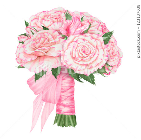 Delicate wedding bouquet of pink roses tied with a bow and decorated with fluttering ribbons. Watercolor clipart with elegant floral design for wedding invitations, cards, decor and holiday projects 123137039