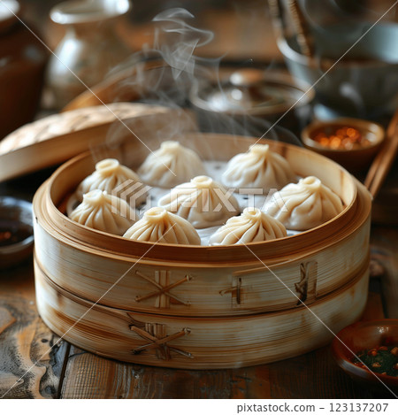 A bamboo steamer filled with juicy dumplings A bamboo steamer filled with juicy dumplings 123137207