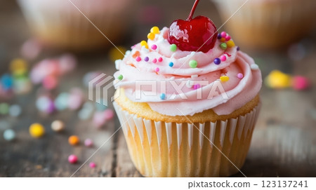 Vanilla cupcake with pink frosting, glossy red cherry, and colorful sprinkles on rustic wooden surface, soft natural lighting highlighting fluffy texture and golden cake, blurred background with more Vanilla cupcake with pink frosting, glossy red cherry, and colorful sprinkles on rustic wooden surface, soft natural lighting highlighting fluffy texture and golden cake, blurred background with more 123137241