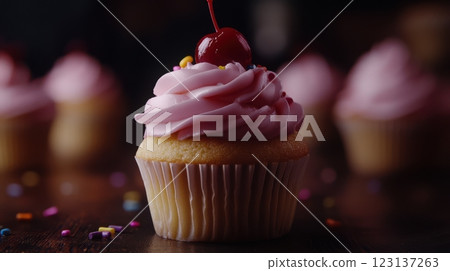 Vanilla cupcake with deep pink frosting and glossy red cherry, moody lighting enhancing golden cake crumb, placed on dark textured wooden backdrop with scattered colorful sprinkles, blurred background 123137263