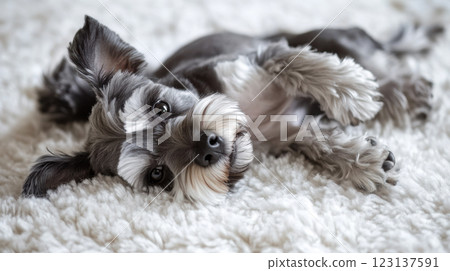 Cute miniature schnauzer lying on the carpet 123137591