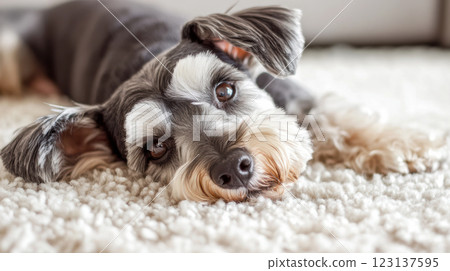 可愛的迷你雪納瑞躺在地毯上 123137595