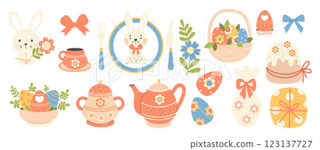Easter spring decoration set. Cute holiday bunny with flower, paschal eggs, tableware teapot, cups, sugar bowl, food, vase and gift. Isolated festive party elements. Vector illustration 123137727