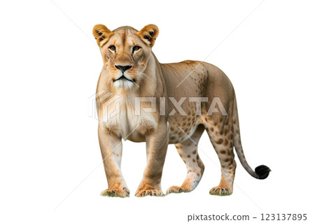 PNG Lioness with trees wildlife exposure animal.  123137895