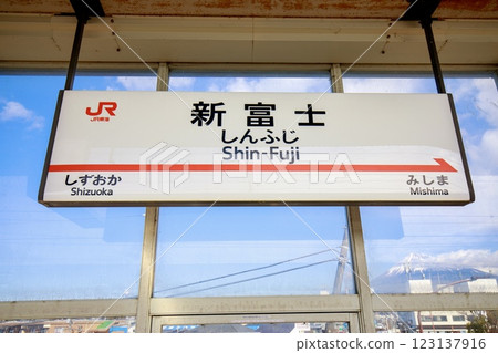 Tokaido Shinkansen, Shin-Fuji Station sign and a distant view of Mt. Fuji 123137916