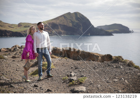 Couple enjoying scenic view of ponta de s o louren o in madeira 123138219