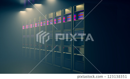 Server. Server room data center. Backup, mining, hosting, mainframe, farm and computer rack with storage information. 3d render Server. Server room data center. Backup, mining, hosting, mainframe, farm and computer rack with storage information. 3d render 123138351