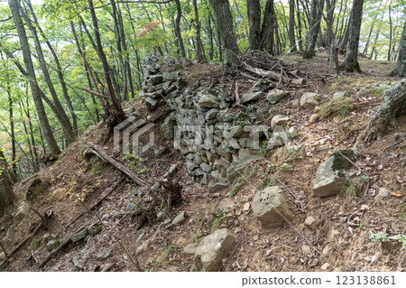 Kirihara Castle ruins: Stone walls built on a vertical moat 123138861