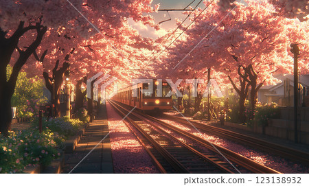 A train running through a tunnel lined with cherry blossom trees 123138932