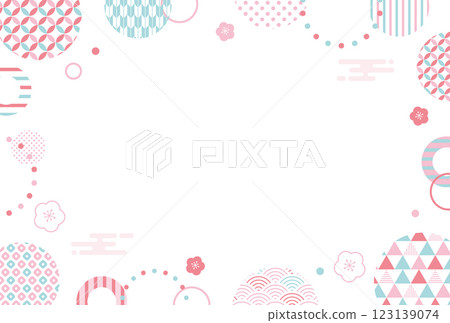 粉紅色和淺藍色的可愛梅花和日式圖案框架 123139074