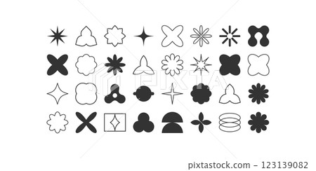 Postmodern geometric abstract shapes, Retro design symbols in Y2K. Brutalist vector shapes, trendy retro design symbols in Y2K style. Geometric shapes set. Postmodern geometric abstract shapes, Retro design symbols in Y2K. Brutalist vector shapes, trendy retro design symbols in Y2K style. Geometric shapes set. 123139082