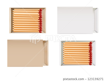 Matchbox, empty package for match sticks in top and perspective view. Realistic mockup of 3d blank box. Stages of burning the match. Symbol of ignition burning. Vector 123139271