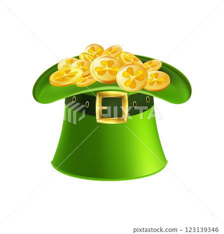 Leprechaun Top Hat with Shamrocks and Gold Coins. 123139346
