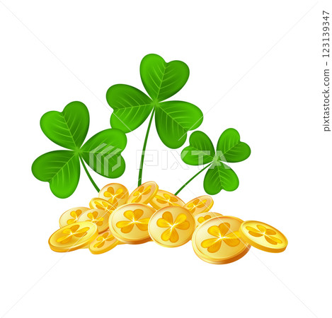 Realistic shamrock gold coin. Trefoil leprechaun money. 123139347