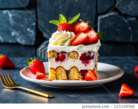 Side view of square shape Berry Trifle Cake topped with whipped cream,, mint leaves and strawberry in white round ceramic dish on dark stone background with golden fork and strawberries placed around. 123139566