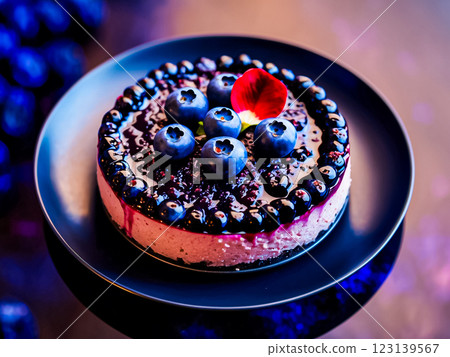 Blueberry cheesecake garnished with blueberry and red rose petal on oven baking tray in dark ceramic plate on purple background. 123139567