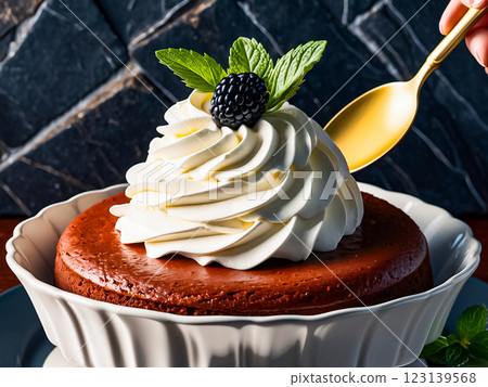 Using golden spoon eating cake topped with whipped cream, blackberry and mint leaves in white ceramic cup on dark stone background. 123139568