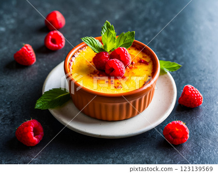 French dessert,High angle view of traditional Creme brulee topped with raspberry and mint leaves in brown ceramic cup in white ceramic dish on dark stone background with raspberry. 123139569